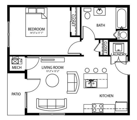 Floor plan for 1 bed, 1 bath, 653 sqft